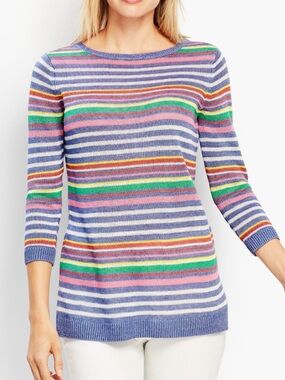 Talbots Petunia Rainbow Multicolor Stripe  100% Linen Crew Scoop Knit Sweater AA